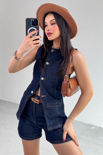 Cappmoda - TKM-0432 Lacivert Denim Düğmeli Yelek Boyfriend Şort İkili Takım (1)
