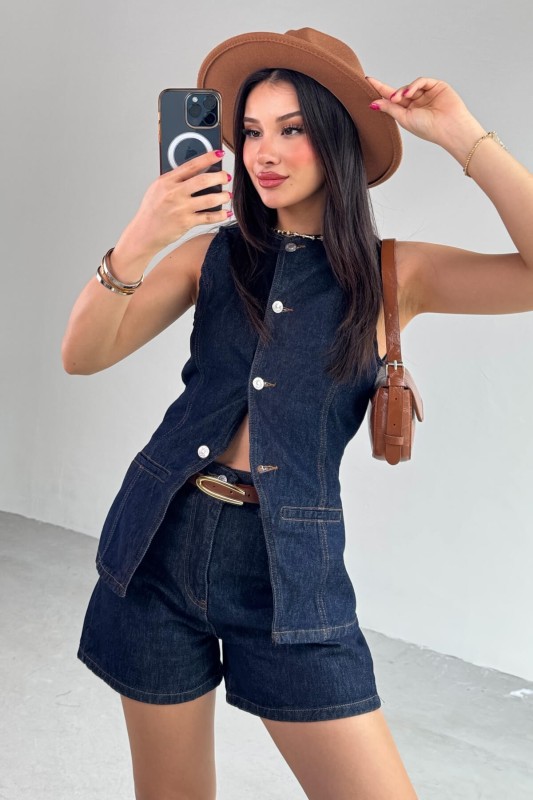 TKM-0432 Lacivert Denim Düğmeli Yelek Boyfriend Şort İkili Takım - 5