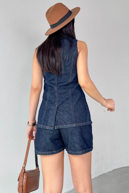 TKM-0432 Lacivert Denim Düğmeli Yelek Boyfriend Şort İkili Takım - 6