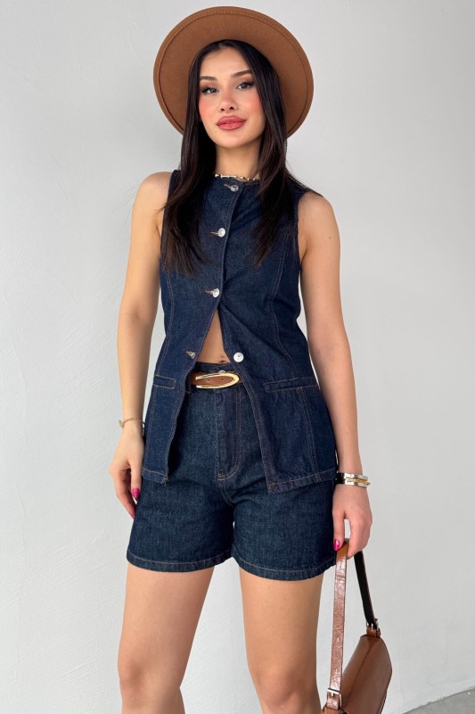 TKM-0432 Lacivert Denim Düğmeli Yelek Boyfriend Şort İkili Takım - 7