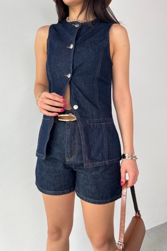 TKM-0432 Lacivert Denim Düğmeli Yelek Boyfriend Şort İkili Takım - 8