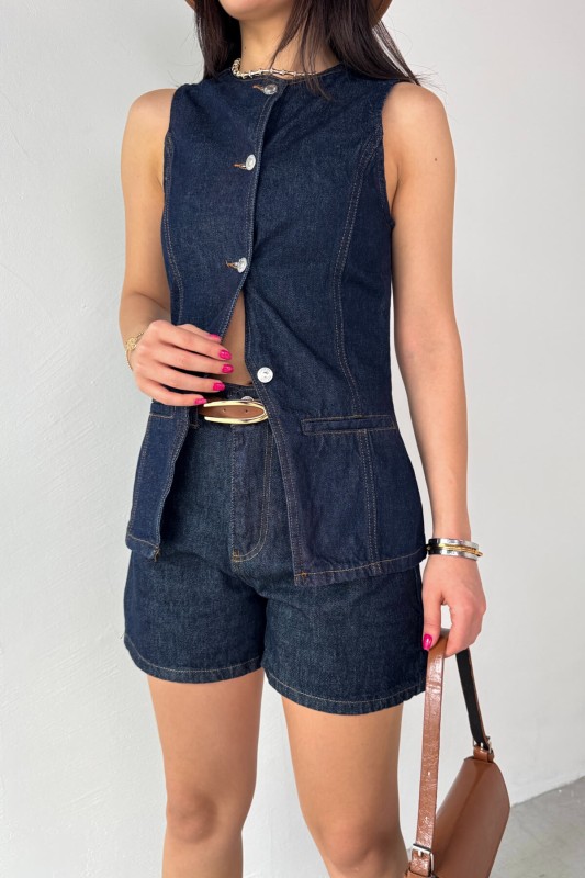 TKM-0432 Lacivert Denim Düğmeli Yelek Boyfriend Şort İkili Takım - 8