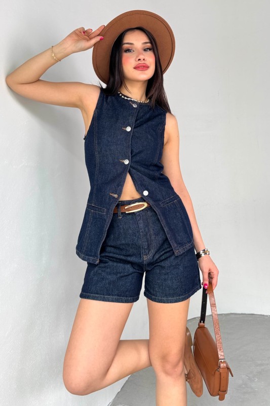 TKM-0432 Lacivert Denim Düğmeli Yelek Boyfriend Şort İkili Takım - 9