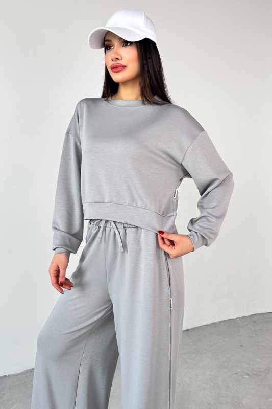 TKM-1103 Boyama Gri Modal Kumaş Crop Salaş Bluz Bel Lastikli Palazzo Alt İkili Takım - 2