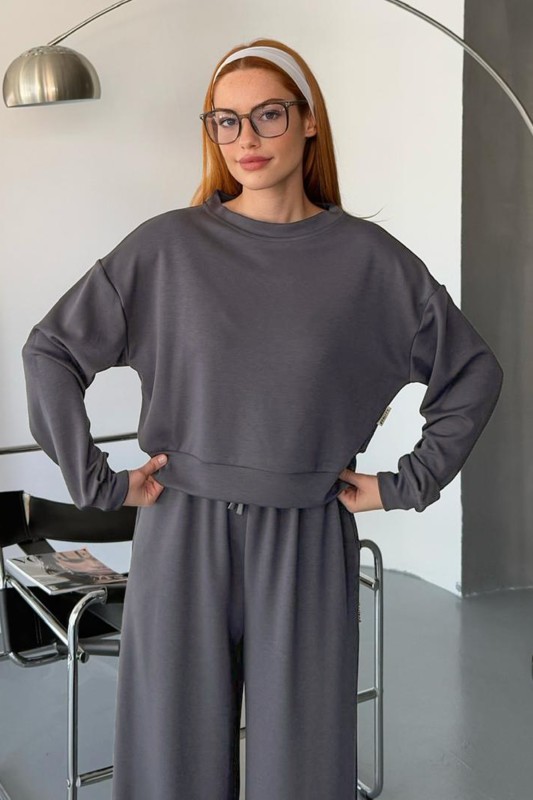 TKM-1103 Füme Modal Kumaş Crop Salaş Bluz Bel Lastikli Palazzo Alt İkili Takım - 1