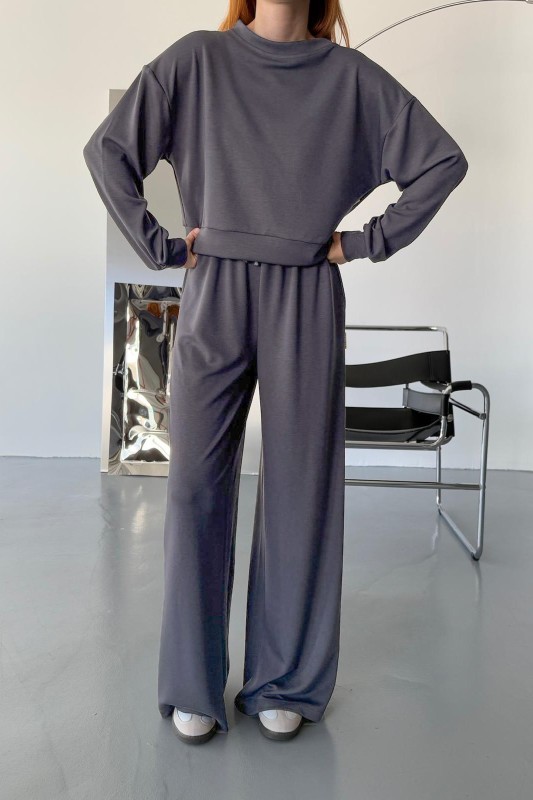 TKM-1103 Füme Modal Kumaş Crop Salaş Bluz Bel Lastikli Palazzo Alt İkili Takım - 2