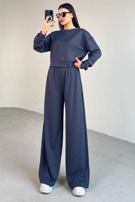 TKM-1103 Lacivert Modal Kumaş Crop Salaş Bluz Bel Lastikli Palazzo Alt İkili Takım - 2