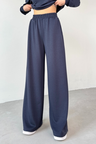 TKM-1103 Lacivert Modal Kumaş Crop Salaş Bluz Bel Lastikli Palazzo Alt İkili Takım - 3
