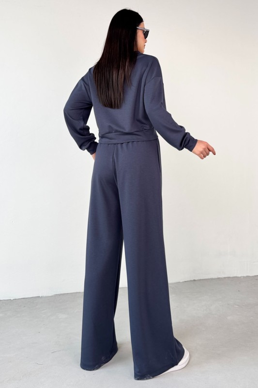 TKM-1103 Lacivert Modal Kumaş Crop Salaş Bluz Bel Lastikli Palazzo Alt İkili Takım - 4
