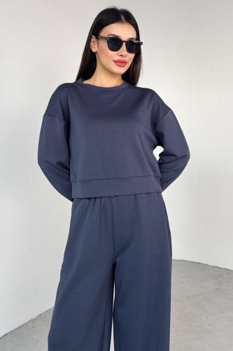 TKM-1103 Lacivert Modal Kumaş Crop Salaş Bluz Bel Lastikli Palazzo Alt İkili Takım - 5