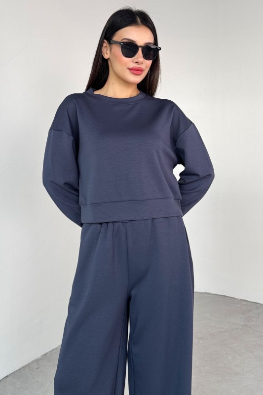 TKM-1103 Lacivert Modal Kumaş Crop Salaş Bluz Bel Lastikli Palazzo Alt İkili Takım - 5