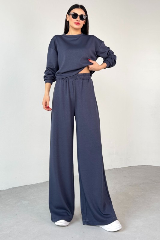 TKM-1103 Lacivert Modal Kumaş Crop Salaş Bluz Bel Lastikli Palazzo Alt İkili Takım - 1