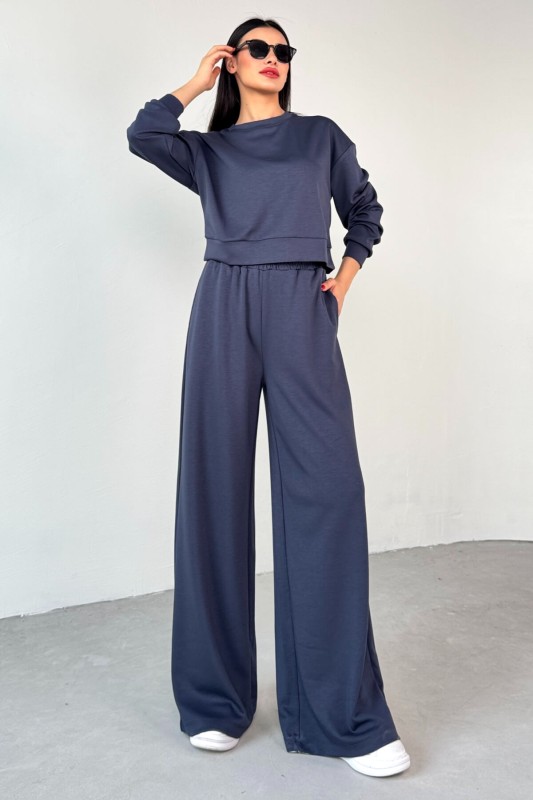 TKM-1103 Lacivert Modal Kumaş Crop Salaş Bluz Bel Lastikli Palazzo Alt İkili Takım - 6