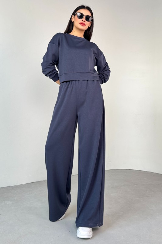 TKM-1103 Lacivert Modal Kumaş Crop Salaş Bluz Bel Lastikli Palazzo Alt İkili Takım - 7