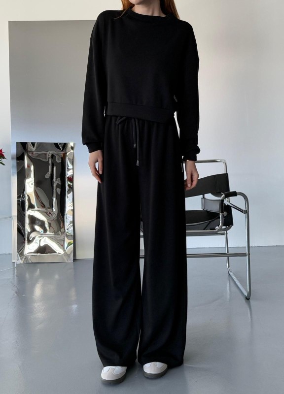TKM-1103 Siyah Oysh Kumaş Crop Salaş Bluz Bel Lastikli Palazzo Alt İkili Takım