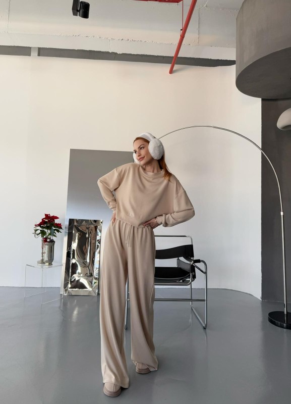 TKM-1103 Taş Rengi Oysh Kumaş Crop Salaş Bluz Bel Lastikli Palazzo Alt İkili Takım