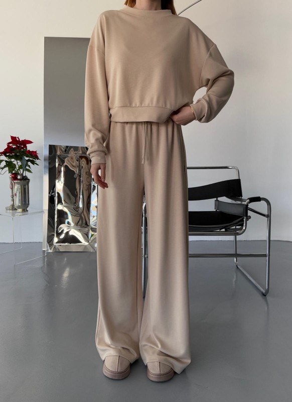 TKM-1103 Taş Rengi Oysh Kumaş Crop Salaş Bluz Bel Lastikli Palazzo Alt İkili Takım
