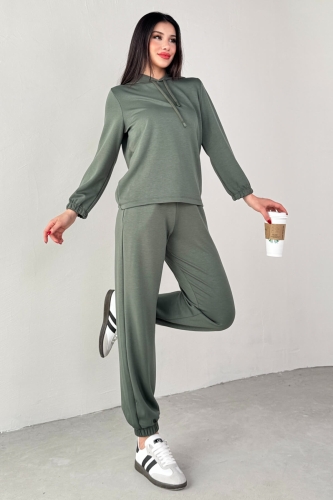 TKM-1104 Haki Modal Kumaş Kapüşonlu Bluz Jogger Alt İkili Salaş Takım 