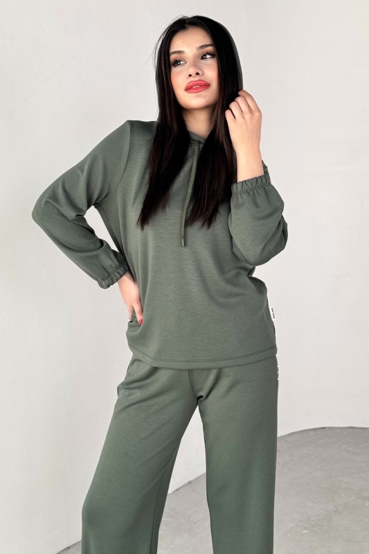 TKM-1104 Haki Modal Kumaş Kapüşonlu Bluz Jogger Alt İkili Salaş Takım - 2