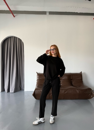 TKM-1105 Siyah Modal Kumaş Salaş Bluz Çimalı Havuç Pantolon İkili Takım 
