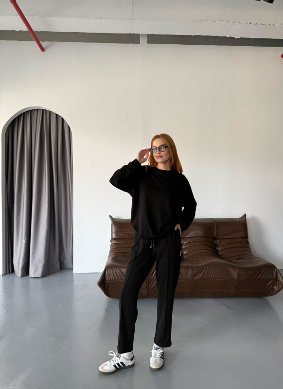 TKM-1105 Siyah Modal Kumaş Salaş Bluz Çimalı Havuç Pantolon İkili Takım - 1