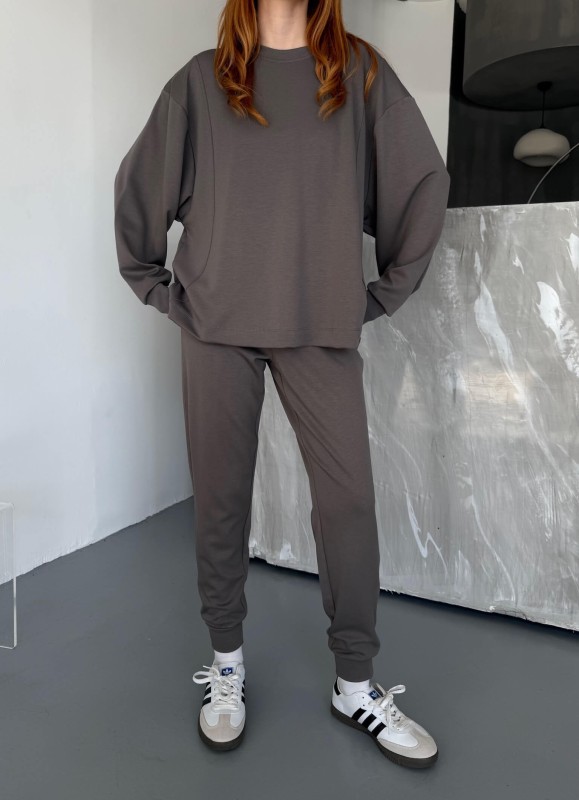 TKM-1106 Füme Modal Kumaş Oversize Salaş Bluz Paça Lastikli Gazili İkili Takım - 4