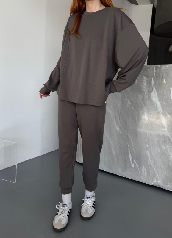 TKM-1106 Füme Modal Kumaş Oversize Salaş Bluz Paça Lastikli Gazili İkili Takım - 6