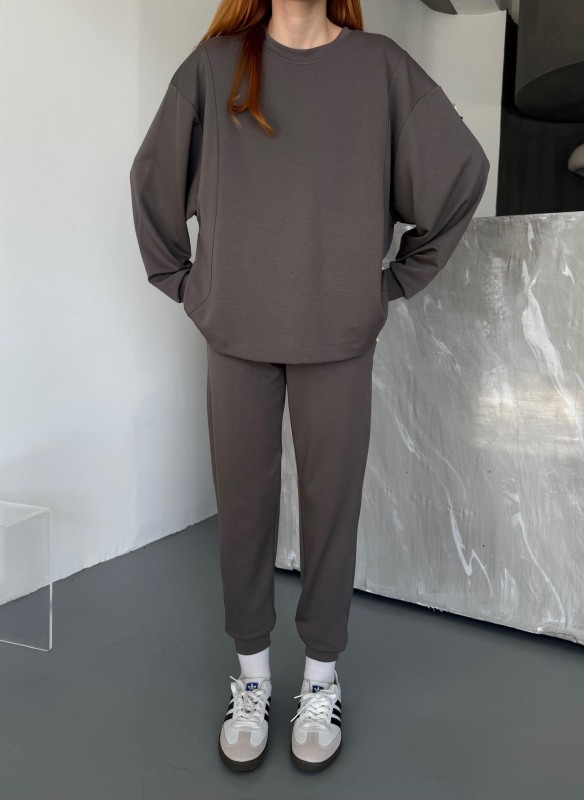 TKM-1106 Füme Modal Kumaş Oversize Salaş Bluz Paça Lastikli Gazili İkili Takım - 2