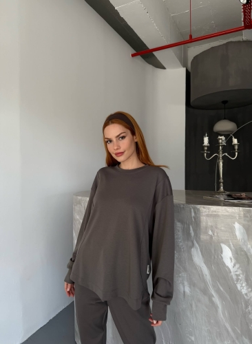 TKM-1106 Füme Modal Kumaş Oversize Salaş Bluz Paça Lastikli Gazili İkili Takım - 3