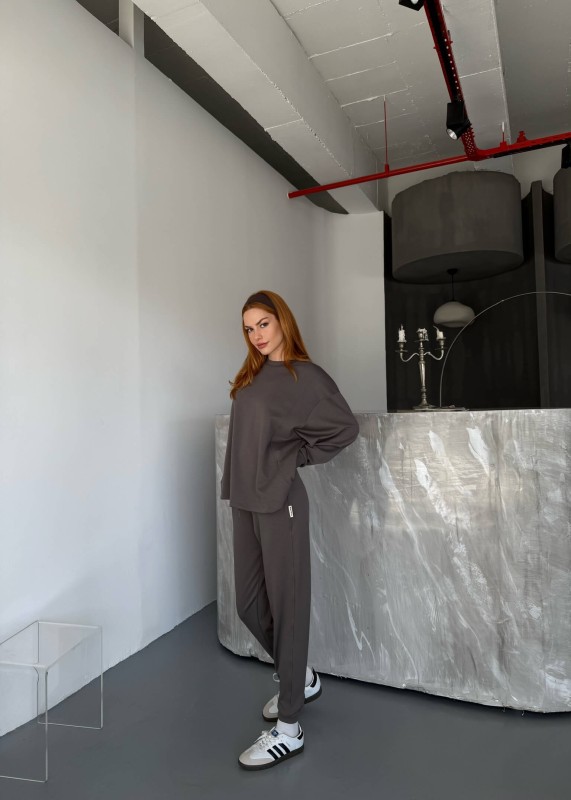 TKM-1106 Füme Modal Kumaş Oversize Salaş Bluz Paça Lastikli Gazili İkili Takım - 5
