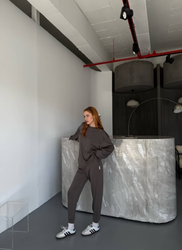 TKM-1106 Füme Modal Kumaş Oversize Salaş Bluz Paça Lastikli Gazili İkili Takım - 7