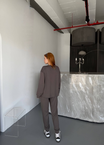 TKM-1106 Füme Modal Kumaş Oversize Salaş Bluz Paça Lastikli Gazili İkili Takım - 8