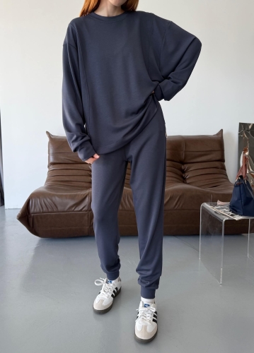 TKM-1106 Lacivert Modal Kumaş Oversize Salaş Bluz Paça Lastikli Gazili İkili Takım - 3