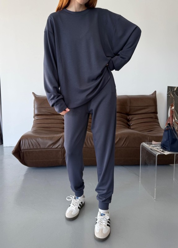 TKM-1106 Lacivert Modal Kumaş Oversize Salaş Bluz Paça Lastikli Gazili İkili Takım - 3