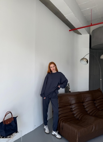 TKM-1106 Lacivert Modal Kumaş Oversize Salaş Bluz Paça Lastikli Gazili İkili Takım 