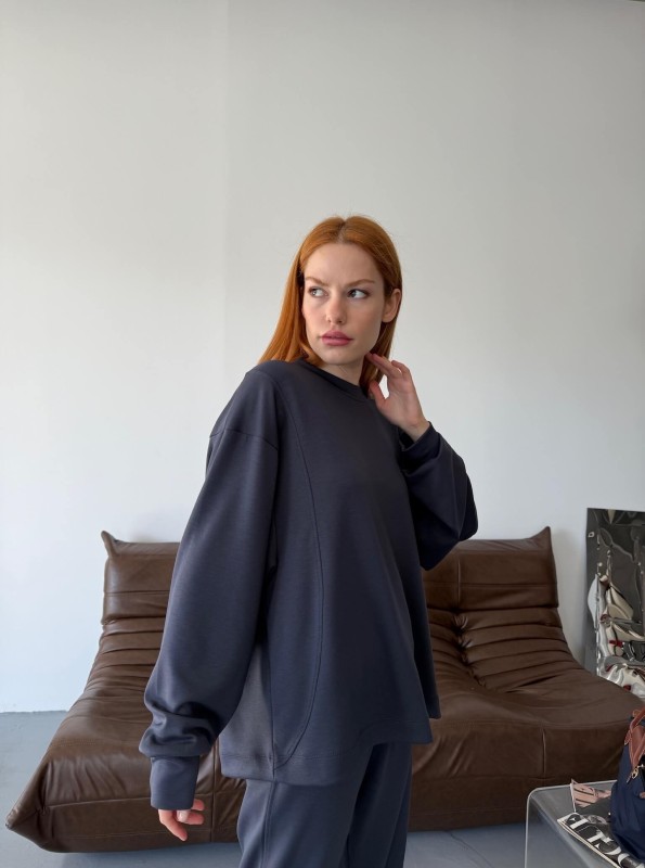 TKM-1106 Lacivert Modal Kumaş Oversize Salaş Bluz Paça Lastikli Gazili İkili Takım - 2
