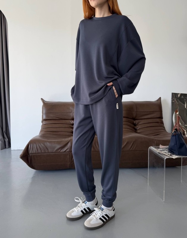 TKM-1106 Lacivert Modal Kumaş Oversize Salaş Bluz Paça Lastikli Gazili İkili Takım - 5
