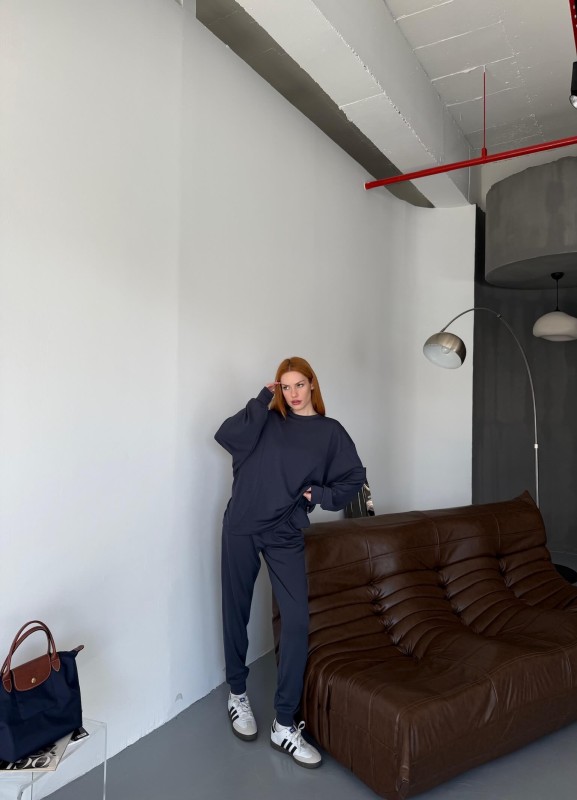 TKM-1106 Lacivert Modal Kumaş Oversize Salaş Bluz Paça Lastikli Gazili İkili Takım - 6