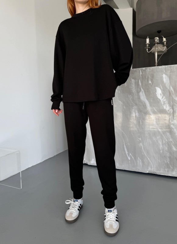 TKM-1106 Siyah Modal Kumaş Oversize Salaş Bluz Paça Lastikli Gazili İkili Takım - 2