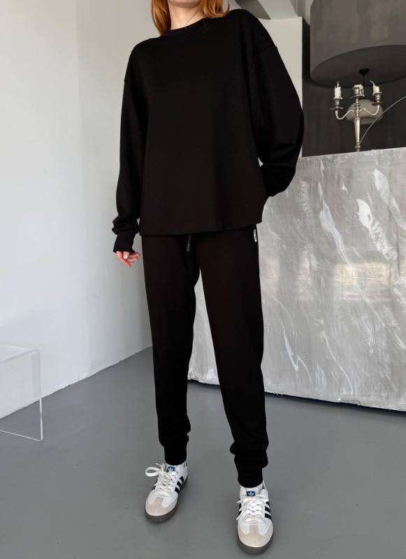 TKM-1106 Siyah Modal Kumaş Oversize Salaş Bluz Paça Lastikli Gazili İkili Takım - 4