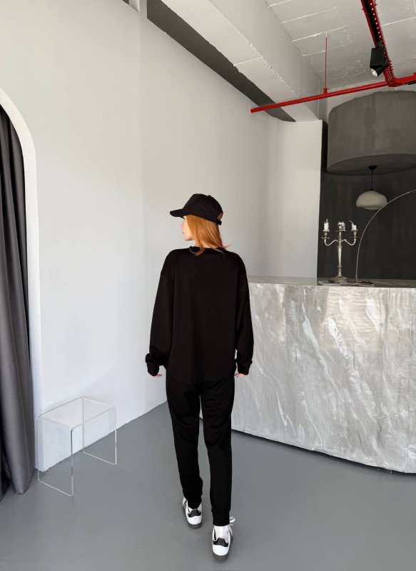 TKM-1106 Siyah Modal Kumaş Oversize Salaş Bluz Paça Lastikli Gazili İkili Takım - 5