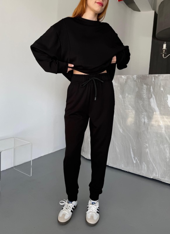 TKM-1106 Siyah Modal Kumaş Oversize Salaş Bluz Paça Lastikli Gazili İkili Takım - 3