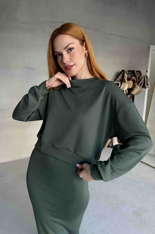 TKM-1108 Haki Modal Kumaş Bluz Kalem Etek İkili Takım - 3
