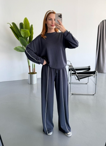 TKM-1109 Füme Biyeli Modal Kumaş Salaş Bluz Palazzo Pantolon İkili Takım - 1