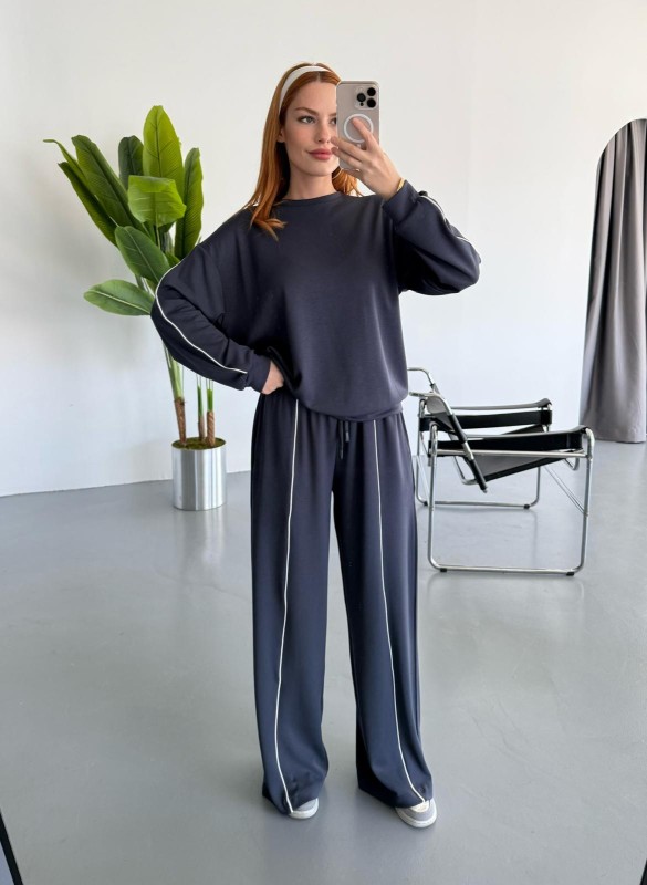 TKM-1109 Füme Biyeli Modal Kumaş Salaş Bluz Palazzo Pantolon İkili Takım - 1