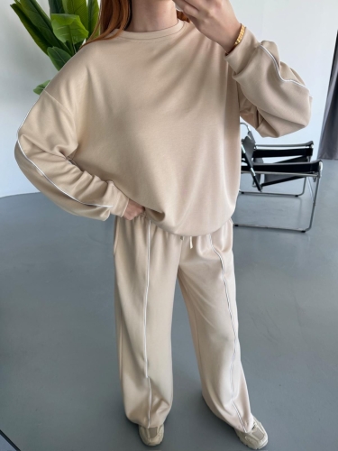 TKM-1109 Krem Rengi Biyeli Modal Kumaş Salaş Bluz Palazzo Pantolon İkili Takım - 3