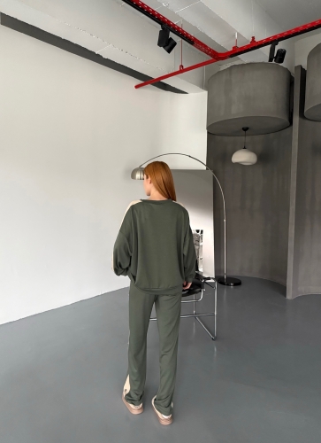 TKM-1110 Haki Modal Kumaş Çıtçıt Detaylı Salaş Bluz Palazzo Pantolon İkili Takım - 6