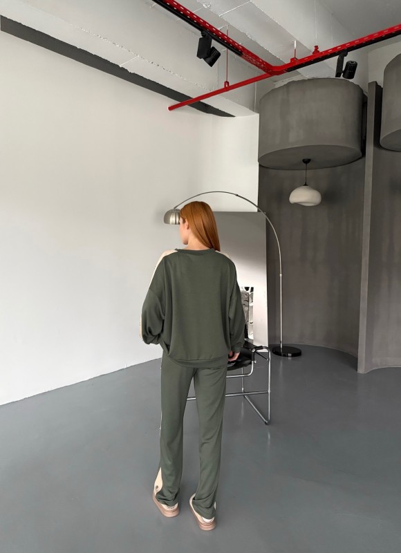 TKM-1110 Haki Modal Kumaş Çıtçıt Detaylı Salaş Bluz Palazzo Pantolon İkili Takım - 6