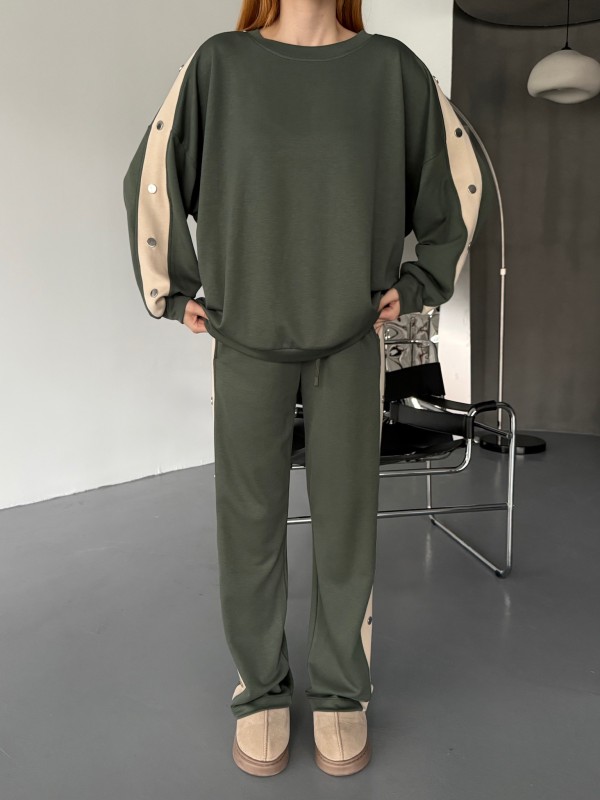 TKM-1110 Haki Modal Kumaş Çıtçıt Detaylı Salaş Bluz Palazzo Pantolon İkili Takım - 2