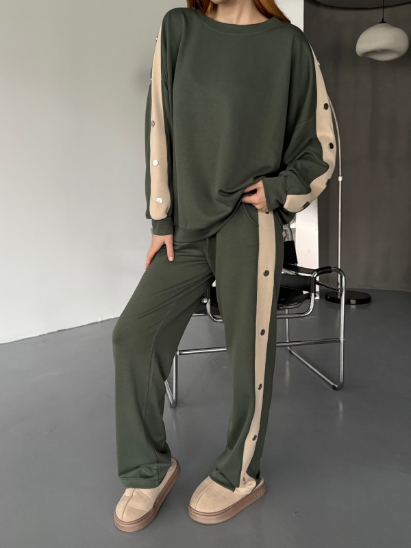 TKM-1110 Haki Modal Kumaş Çıtçıt Detaylı Salaş Bluz Palazzo Pantolon İkili Takım - 4